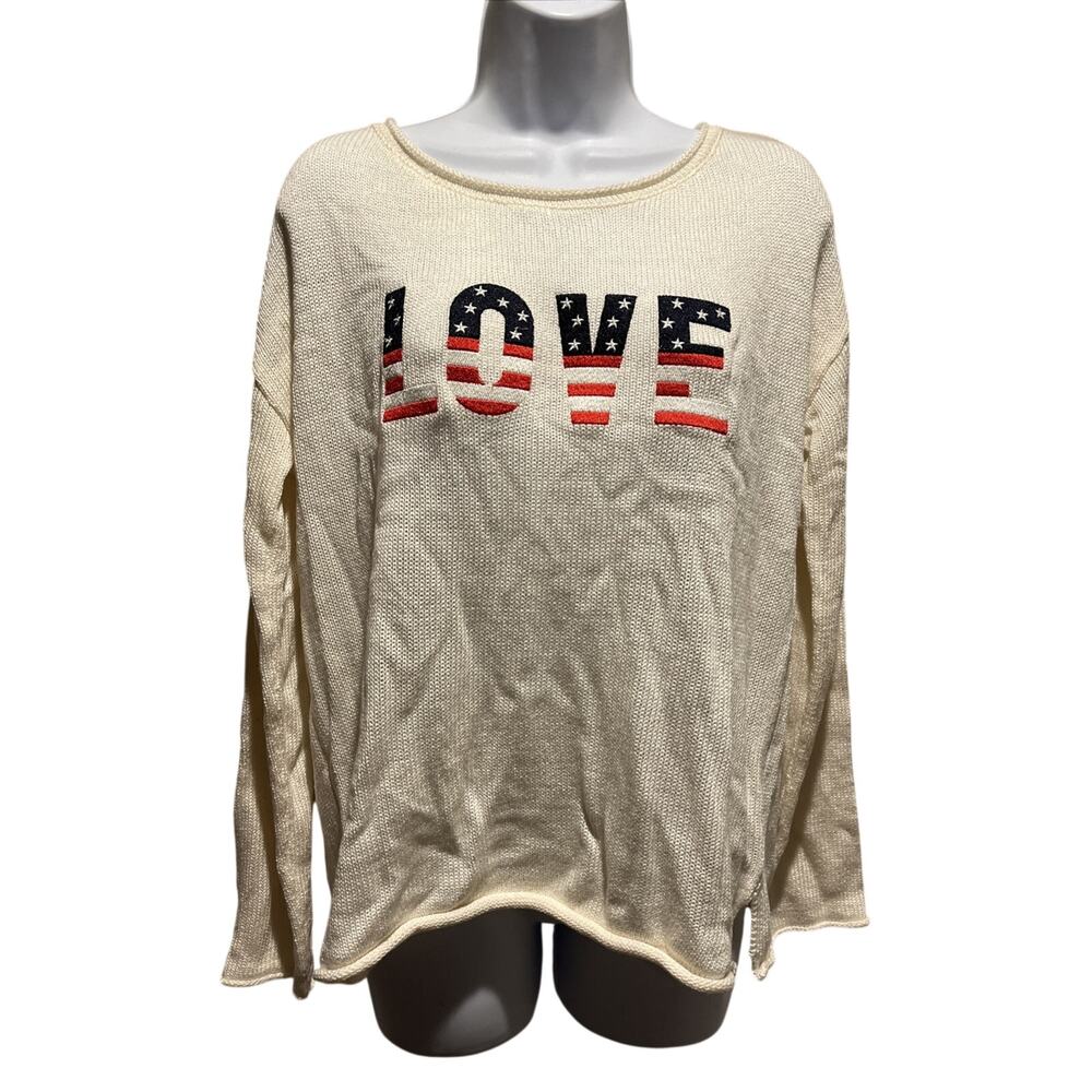 Marled Reunited Clothing NWT Ivory Red White Blue Love Sweater Size M Patriotic